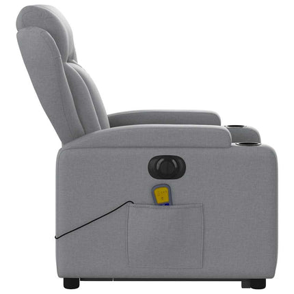 Elektrisk massagefåtölj med uppresningshjälp ljusgrå tyg