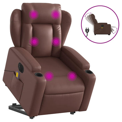 Massagefåtölj med uppresningshjälp brun konstläder