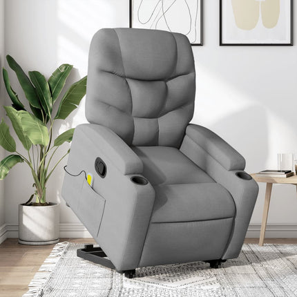 Massagefåtölj med uppresningshjälp ljusgrå tyg