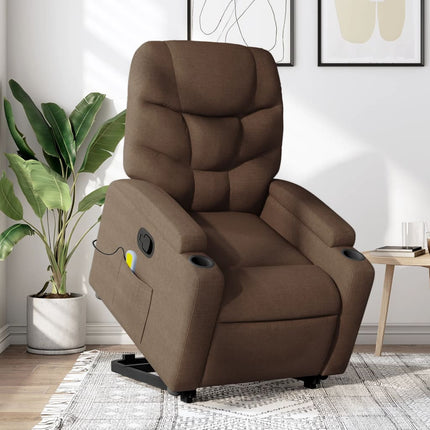 Massagefåtölj med uppresningshjälp brun tyg
