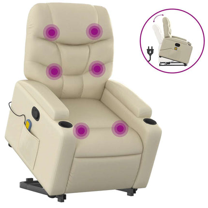 Massagefåtölj med uppresningshjälp gräddvit konstläder