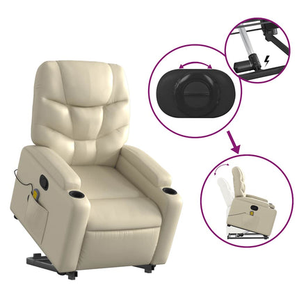 Massagefåtölj med uppresningshjälp gräddvit konstläder