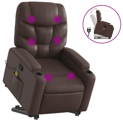 Massagefåtölj med uppresningshjälp brun konstläder