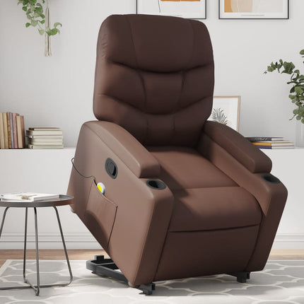 Massagefåtölj med uppresningshjälp brun konstläder