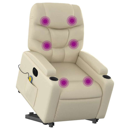 Massagefåtölj med uppresningshjälp gräddvit konstläder