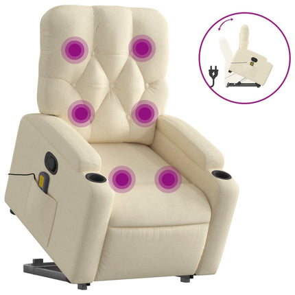 Massagefåtölj med uppresningshjälp gräddvit tyg