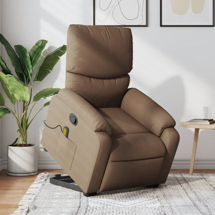 Massagefåtölj med uppresningshjälp brun tyg
