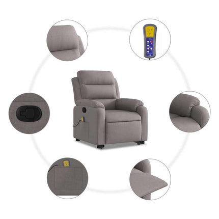 Massagefåtölj med uppresningshjälp taupe tyg