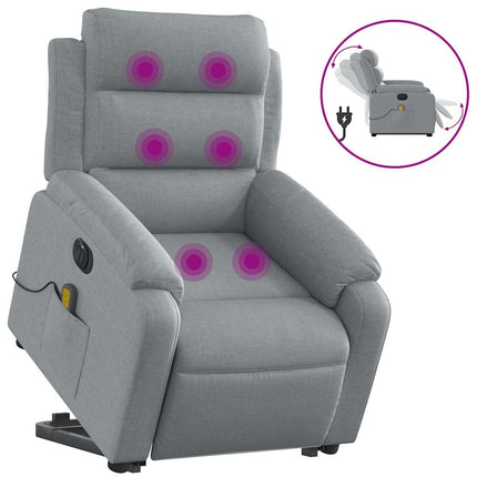 Elektrisk massagefåtölj med uppresningshjälp ljusgrå tyg