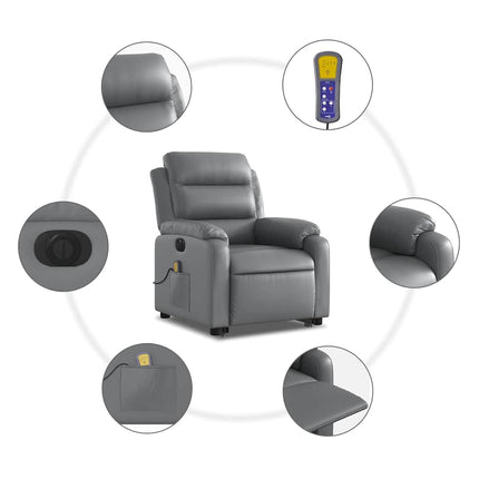 Massagefåtölj med uppresningshjälp grå konstläder
