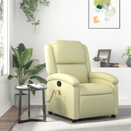 Massagefåtölj krämfärgad äkta läder