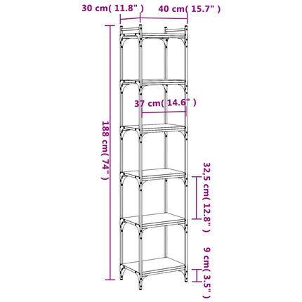 Bokhylla 6 hyllplan rökfärgad ek 40x30x188 cm konstruerat trä