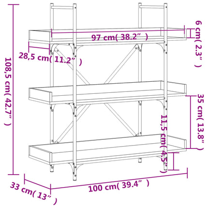 Bokhylla 3 hyllplan svart 100x33x108,5 cm konstruerat trä