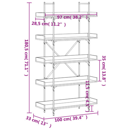 Bokhylla 5 hyllplan rökfärgad ek 100x33x180,5cm konstruerat trä