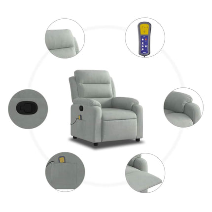 Massagefåtölj ljusgrå sammet