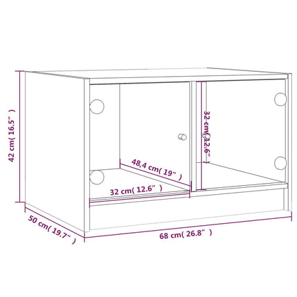 Soffbord med glasdörrar rökfärgad ek 68x50x42 cm