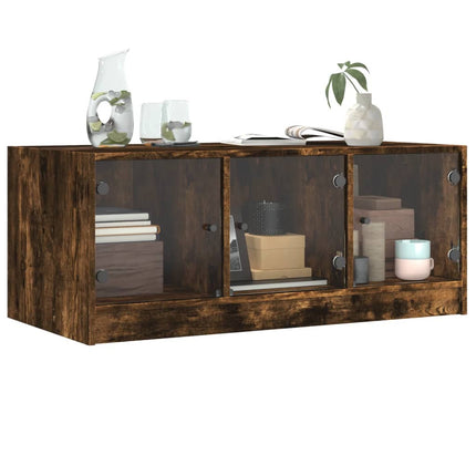 Soffbord med glasdörrar rökfärgad ek 102x50x42 cm