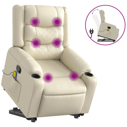 Massagefåtölj med uppresningshjälp gräddvit konstläder