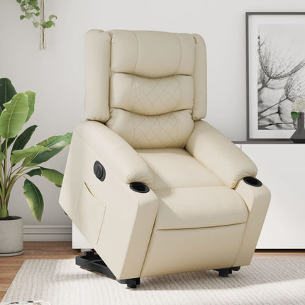 Reclinerfåtölj med uppresningshjälp gräddvit konstläder