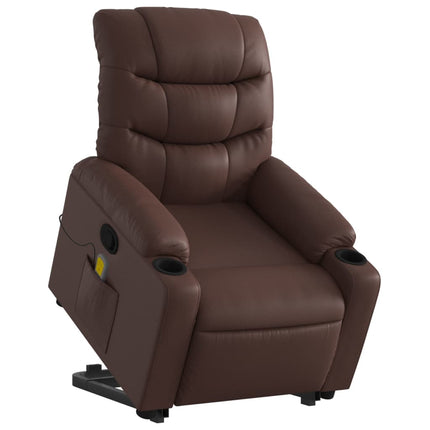 Massagefåtölj med uppresningshjälp brun konstläder