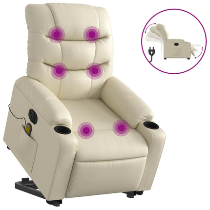 Massagefåtölj med uppresningshjälp gräddvit konstläder
