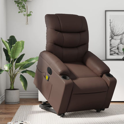 Massagefåtölj med uppresningshjälp brun konstläder