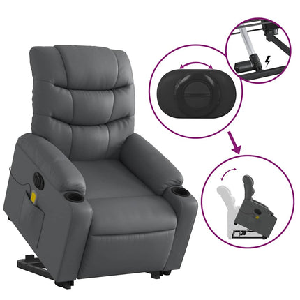 Massagefåtölj med uppresningshjälp grå konstläder