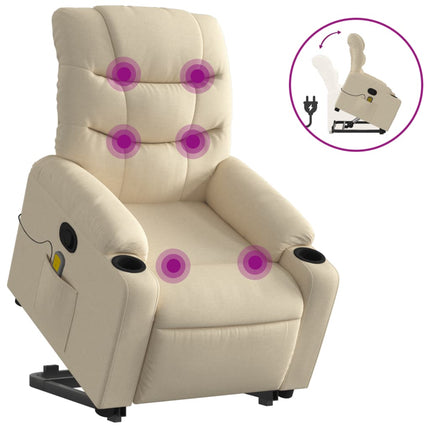 Massagefåtölj med uppresningshjälp gräddvit tyg