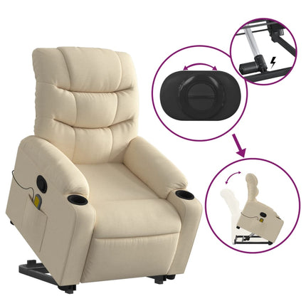 Massagefåtölj med uppresningshjälp gräddvit tyg