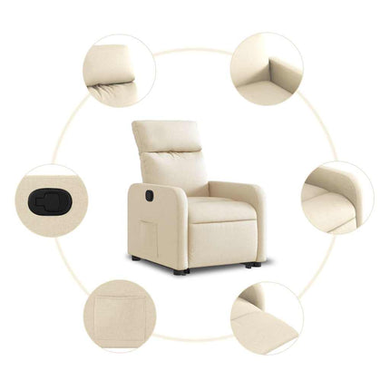 Reclinerfåtölj med uppresningshjälp gräddvit tyg