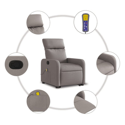 Massagefåtölj med uppresningshjälp taupe tyg