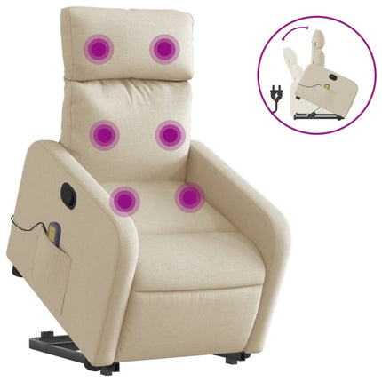 Massagefåtölj med uppresningshjälp gräddvit tyg