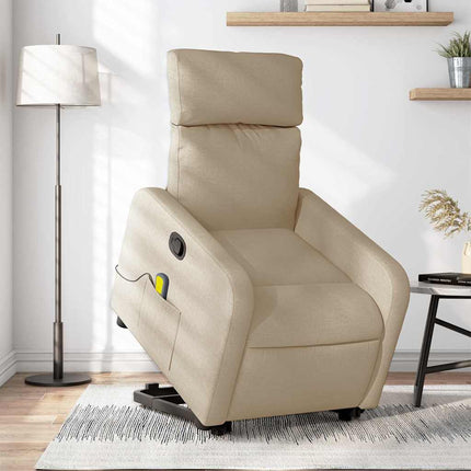 Massagefåtölj med uppresningshjälp gräddvit tyg