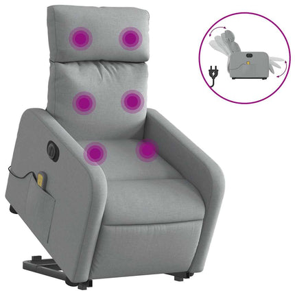 Elektrisk massagefåtölj med uppresningshjälp ljusgrå tyg