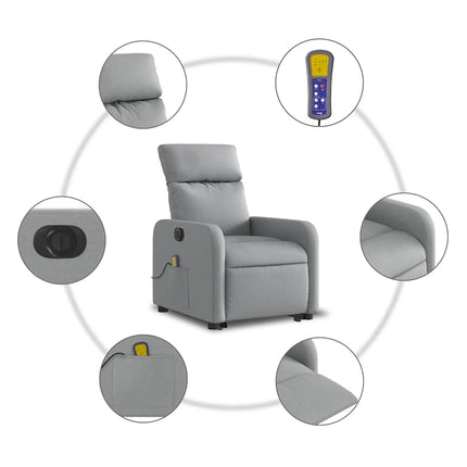 Elektrisk massagefåtölj med uppresningshjälp ljusgrå tyg