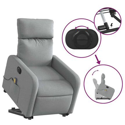 Elektrisk massagefåtölj med uppresningshjälp ljusgrå tyg