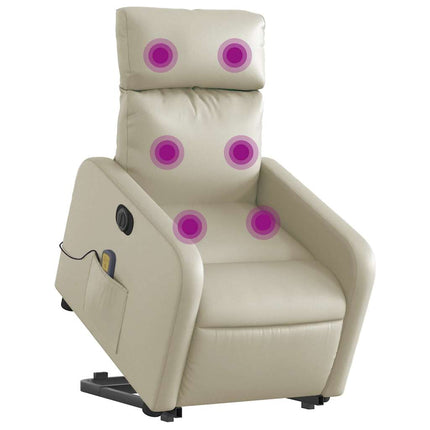 Massagefåtölj med uppresningshjälp gräddvit konstläder