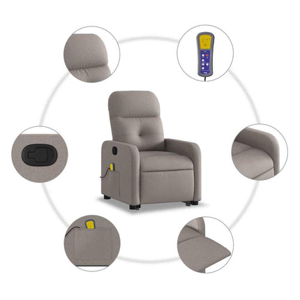 Massagefåtölj med uppresningshjälp taupe tyg