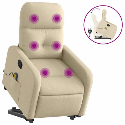 Massagefåtölj med uppresningshjälp gräddvit tyg