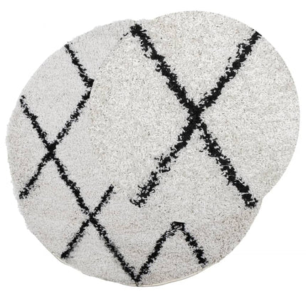 Ryamatta PAMPLONA lång lugg modern gräddvit & svart Ø 120 cm