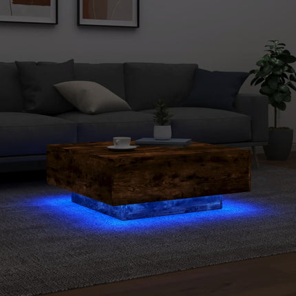 Soffbord med LED rökfärgad ek 80x80x31 cm