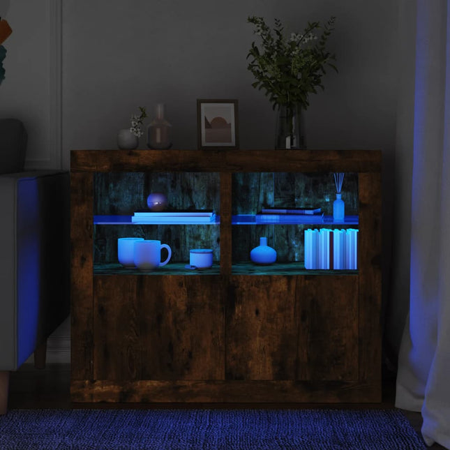 Sängbord med LED-lampor 2 st rökfärgad ek konstruerat trä