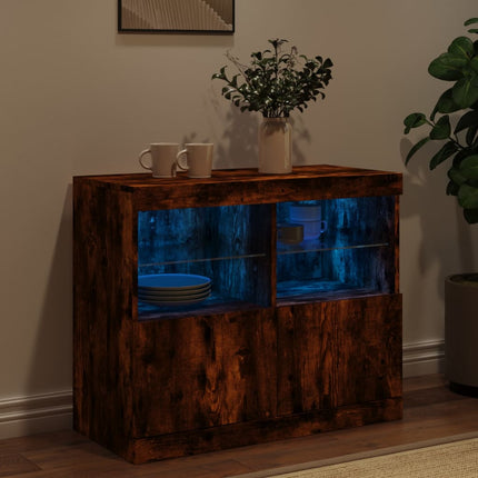 Skänk med LED-belysning rökfärgad ek 81x37x67 cm