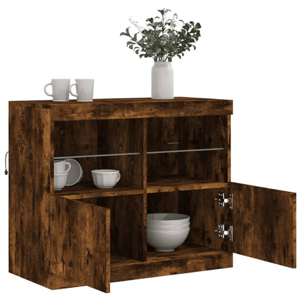 Skänk med LED-belysning rökfärgad ek 81x37x67 cm