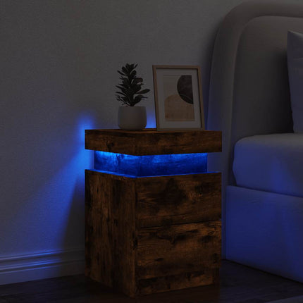 Sängbord med LED-lampor rökfärgad ek 35x39x55 cm