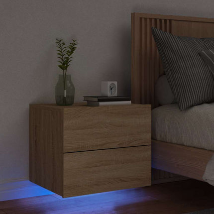 Väggmonterat sängbord med LED-lampor sonoma-ek