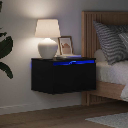 Väggmonterat sängbord med LED-lampor svart