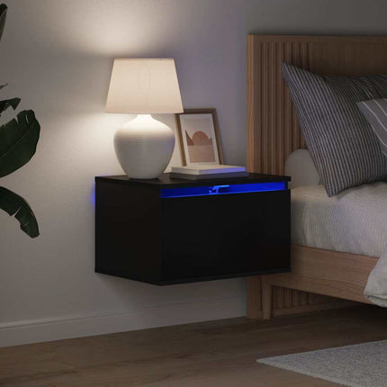 Väggmonterade sängbord med LED-lampor 2 st svart