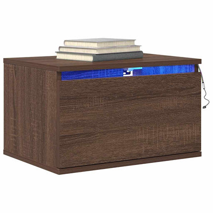Väggmonterade sängbord med LED-lampor 2 st brun ek