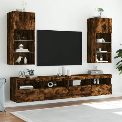 Tv-bänk med LED-belysning rökfärgad ek 40,5x30x90 cm